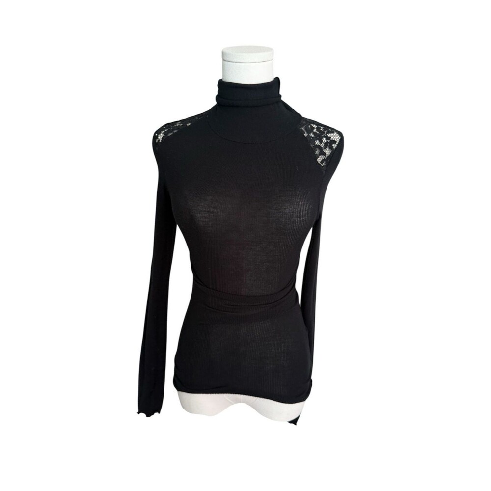 Free People Black Lace Yoke Ribbed Turtleneck Long Sleeve elevated basic Top XS